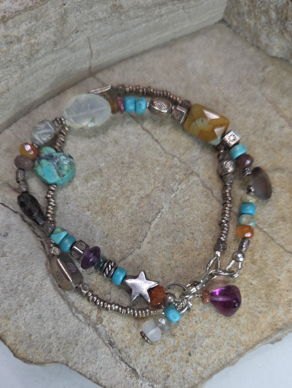925 Sterling Silver Beaded Multicolor Gemstone Bracelet Turquoise Tiger Eye